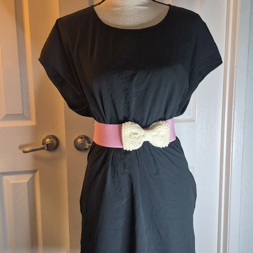 ♡♡♡Faux Pearl Large Bow Wide Stretch Dress Belt Cream Pink Party CLub Wear